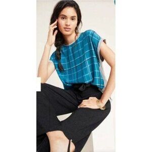 Anthropologie Kachel Blue Plaid Gray Short Sleeve Top